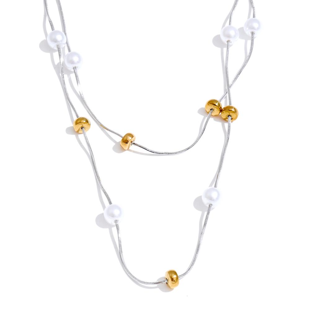 Yhpup Stainless Steel Double-Layer Pearls Chain Overlay Necklace for Women Popular Chic Women Korean Chic Jewelry Accessories