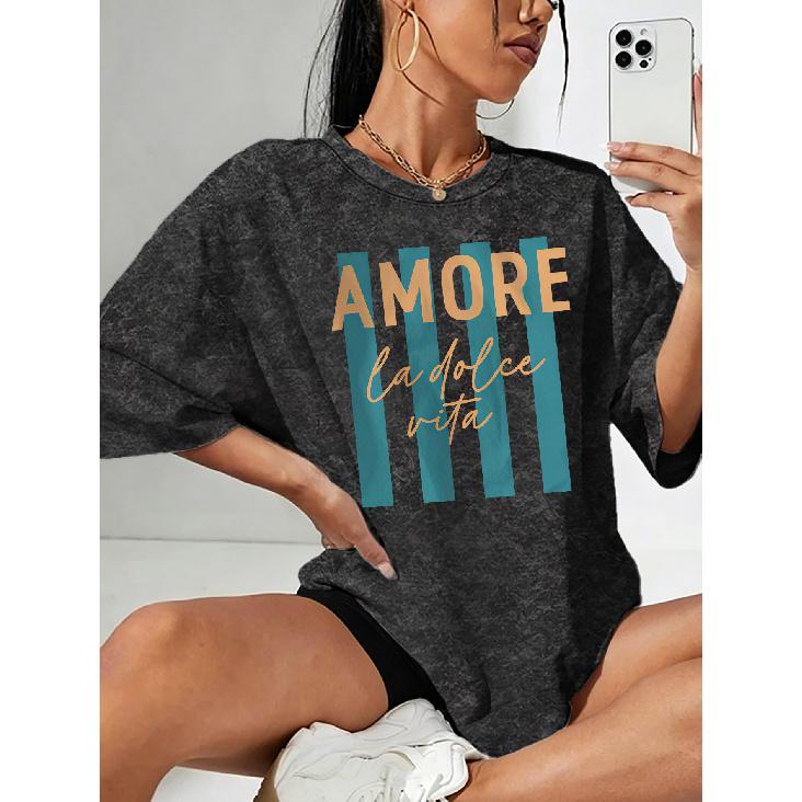 Лето Новый AMORE la dolce vita Футболка с принтом букв и снежинкой, с коротким рукавом, Топ, Круглый вырез, легкая и дышащая, подходит для весны, лета,