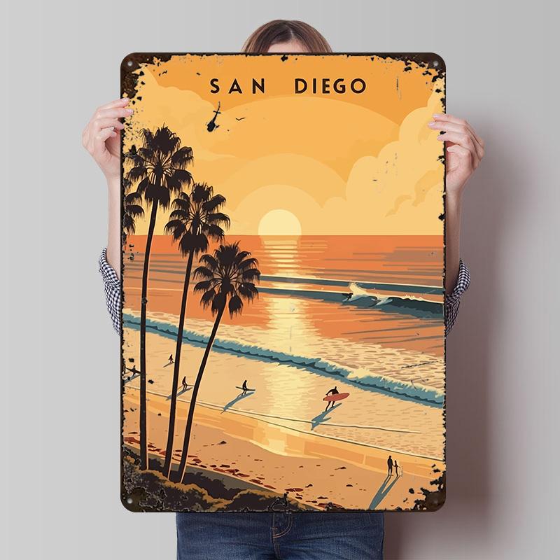San Diego Sunset Beach Travel Tinplate Poster Customized Wall Art Vintage Metal Signs Retro Tin Plaque for Decoration Garage