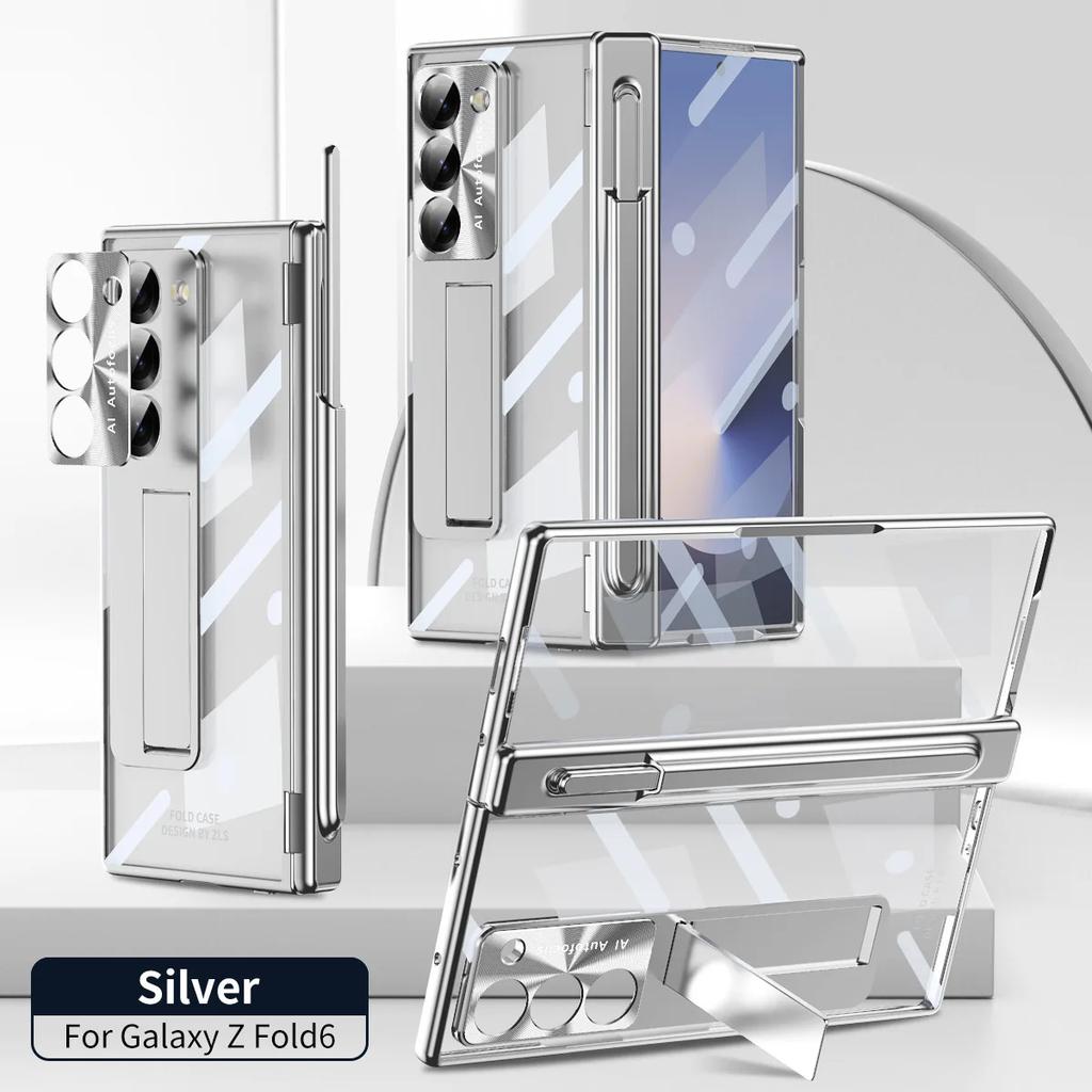 For Samsung Galaxy Z Fold6 7 Phone Case Spring Hinge Pen Slot Holder With Pen Electroplating Transparent Shell Film ZFold6 Cover