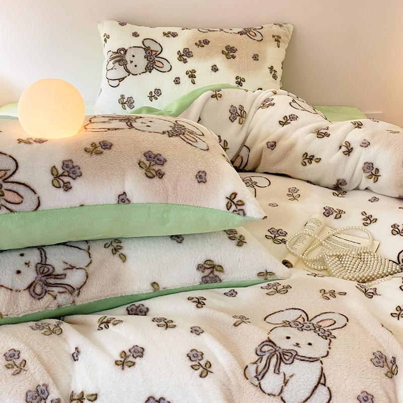 Rabbit Fleece Four-Piece Set, Thickened Milk Fleece Quilt Cover, Coral Fleece Bed Sheet Quilt Cover, Fleece Bedding