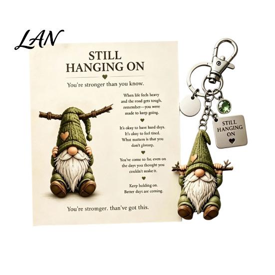 Travel Keychain Gnome with Inspirational Card, Still Hanging On, Keep Growing, Fine Healing Charm Your Path, Dwarf Key Ring for Bags Backpacks