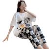 Женский летний мультяшный пижамный комплект - Круглый вырез, Короткий рукав, Легкие брюки для весны и осени