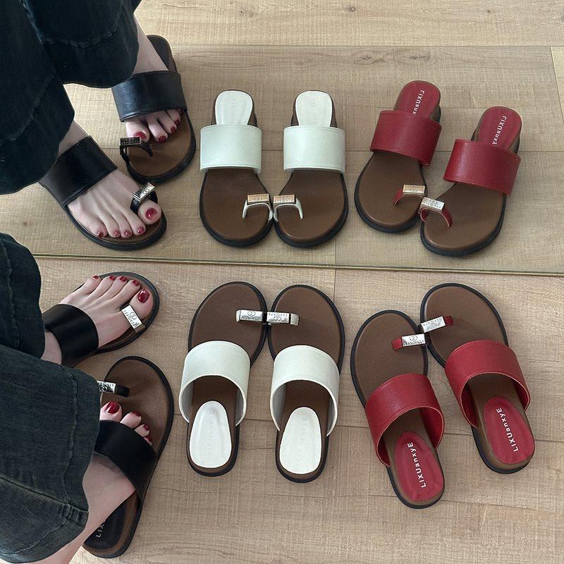Vintage New Monsoon Fairy One-word Slippers 2025 Beach Sandals Cover Toe Open-toe Metal Buckle French
