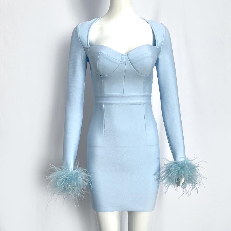 Новое вечернее платье с длинным рукавом и перьями в европейском и американском стиле с бандажной отделкой