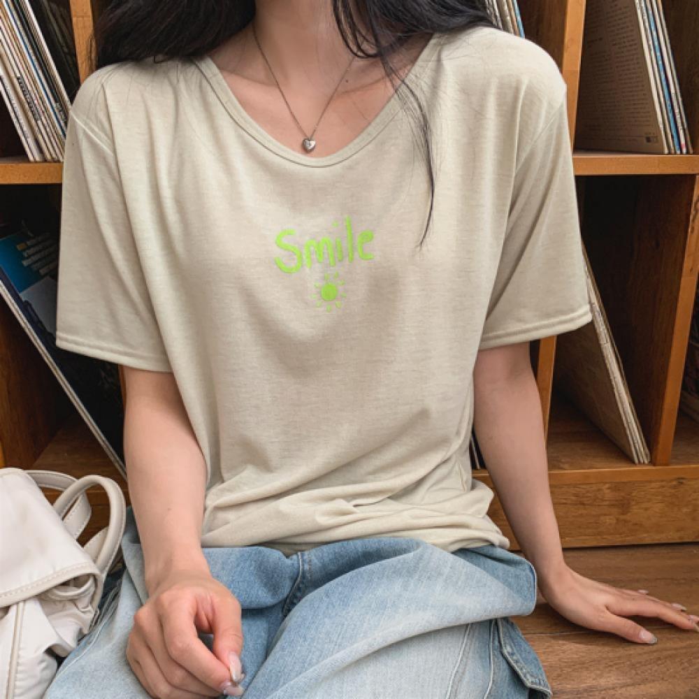 New Arrivals Open Run Women Smile PrinT Spandex Round Neck ShorT Sleeve T shirT