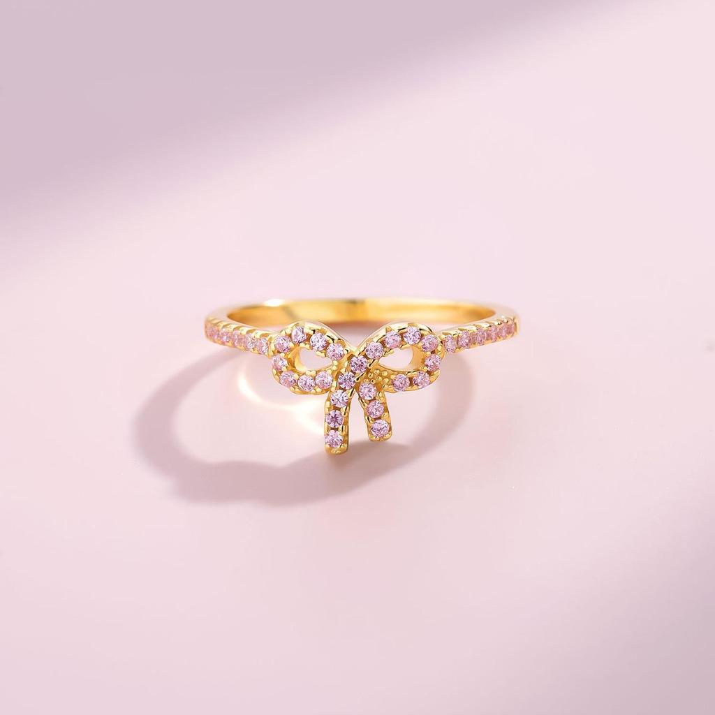 Кольцо из стерлингового серебра 925 пробы с розовым бантом и цирконом - Роскошные украшения в европейском и американском стиле