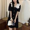 Stylish Lace Peter Pan Collar Mini Dress Women's Clothing French Style Button Patchwork Summer Solid Color Korean A-Line Dresses