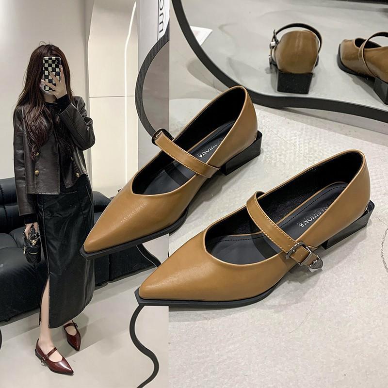 Fashion Fashion Versatile Coarse Heel Loafer Retro Pointed Mary Jane Leather Shoes Women British Black Korean Edition Zapatos De Mujer