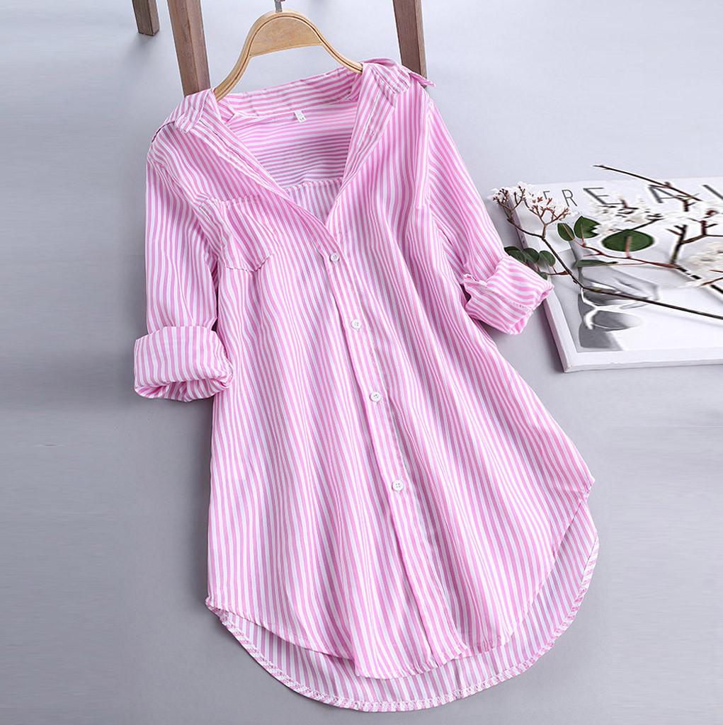 Women Stripe Long Sleeve Turn-down Collar Button Loose Top Shirts Blouse