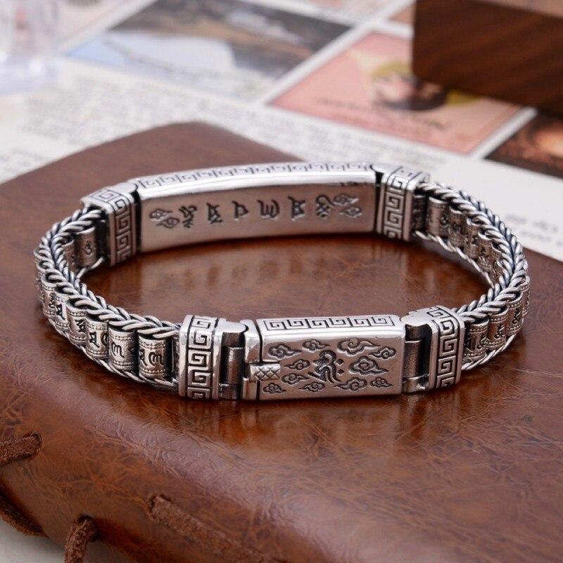 Трендовый мужской браслет из настоящего серебра S925, шестизначные буддийские мантры, молитвенные колеса ручной работы, ювелирные изделия на удачу