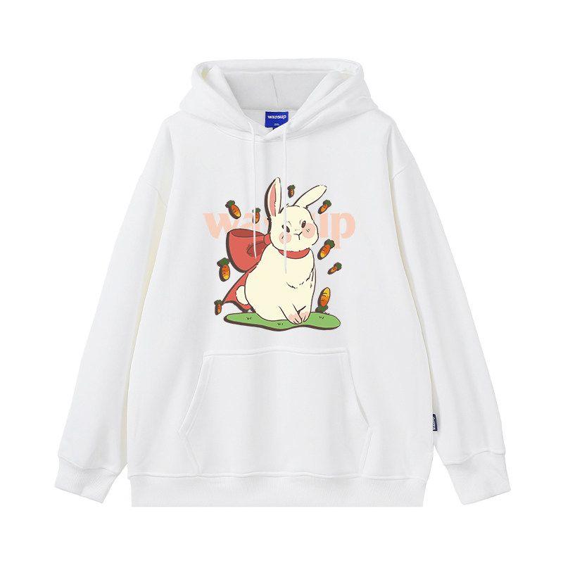 Wassup Rabbit Trendy Brand Hooded Sweatshirt for Men, New Autumn and Winter Loose Fit, Fleece-Lined, Couple Style Casual Top Jacket