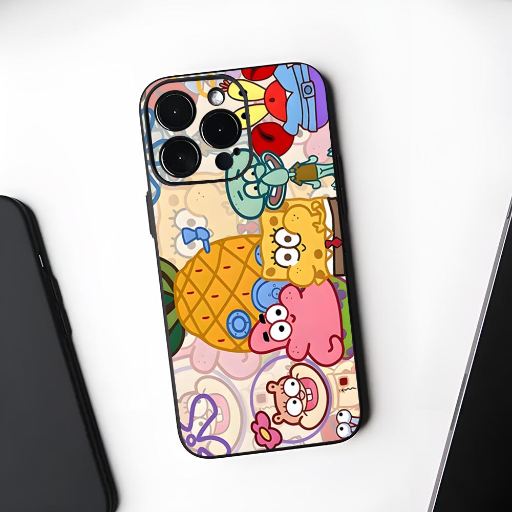 Милый Чехол для Телефона Губка Боб Черный Мягкий Для Iphone 16 15 14 13 11 12 Pro Max Xr X Xs 8 7 Plus