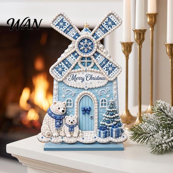 DIY Handmade Festival Gift Diamond Painting Christmas Windmill House Kit, Rotatable Xmas Holiday Desktop Accessories Cabin Ornament, Craft Kit