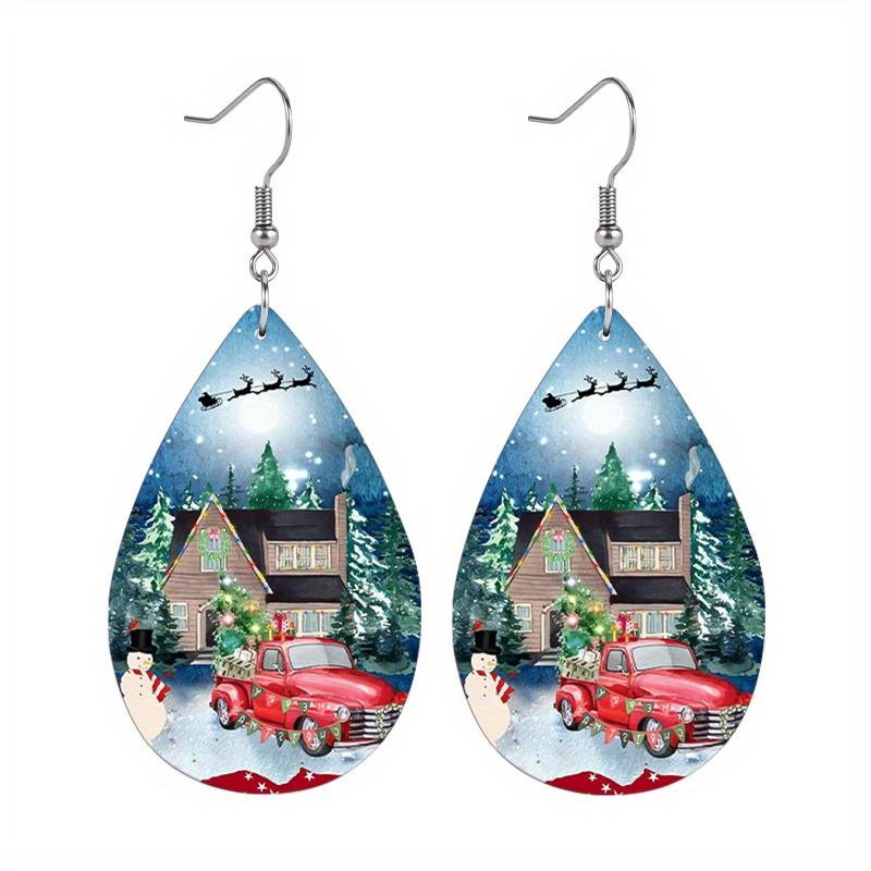 Red Car House Snowflake Print Waterdrop PU Earrings for Women Girls Bearded Dwarf Cartoon Party Decorations Ornaments Christmas Gifts