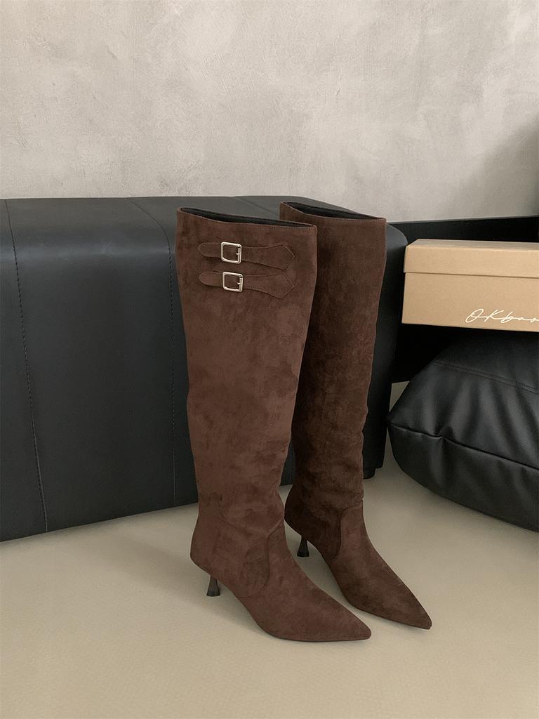 Мода остроносые женские ботинки челси высокие сапоги до колена замшевые зимние туфли-лодочки для вечеринок сапоги на тонком каблуке модные туфли для женщин