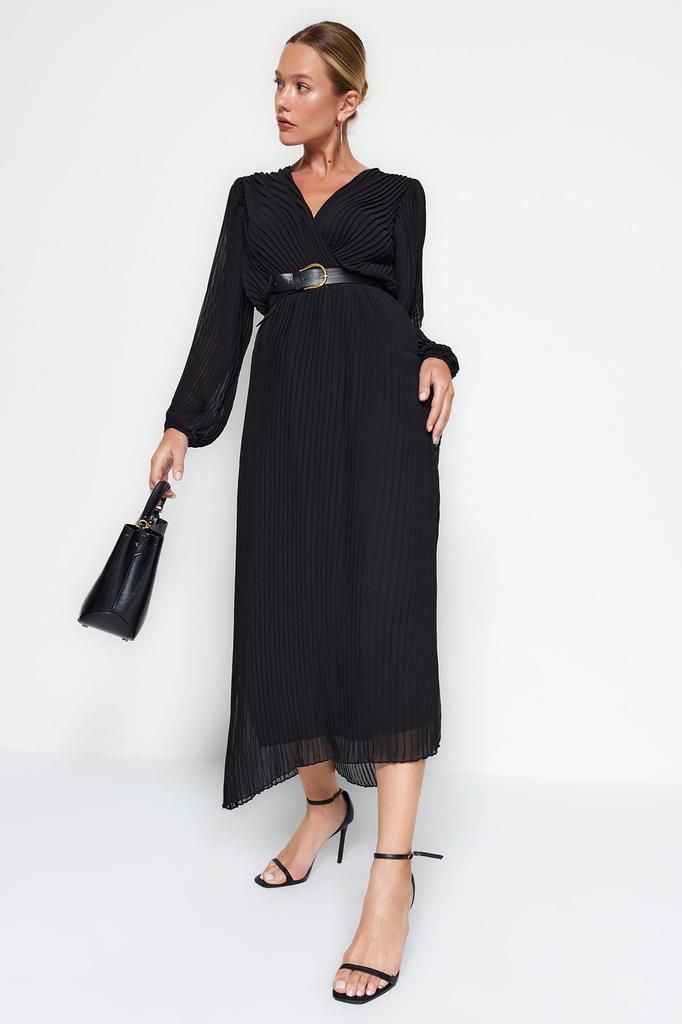 Женское стильное платье Черное шифоновое тканое платье трапециевидной формы с поясом и плиссировкой макси