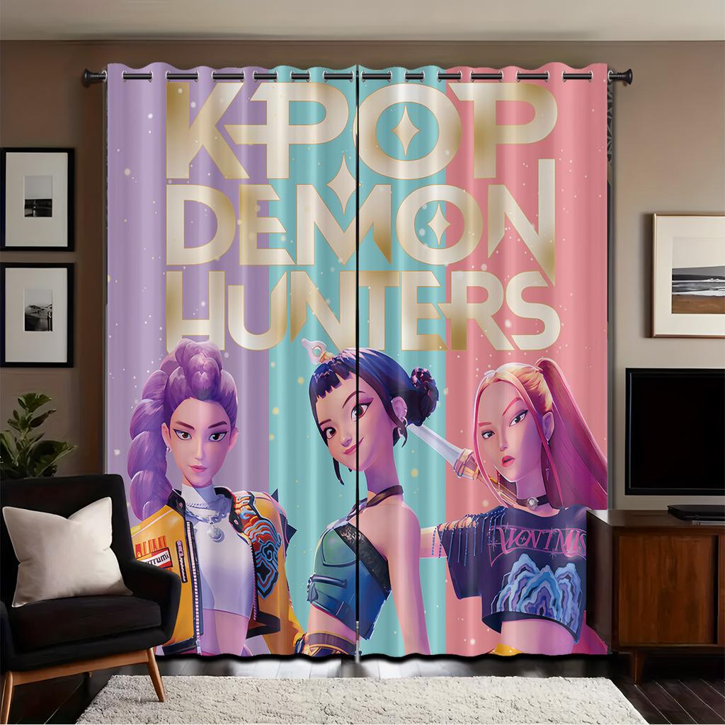 2Pcs K-Pop Demon Hunters Print Perforated Blackout Curtains Multiple Size Living Room Insulation Decoration, Machine Washable