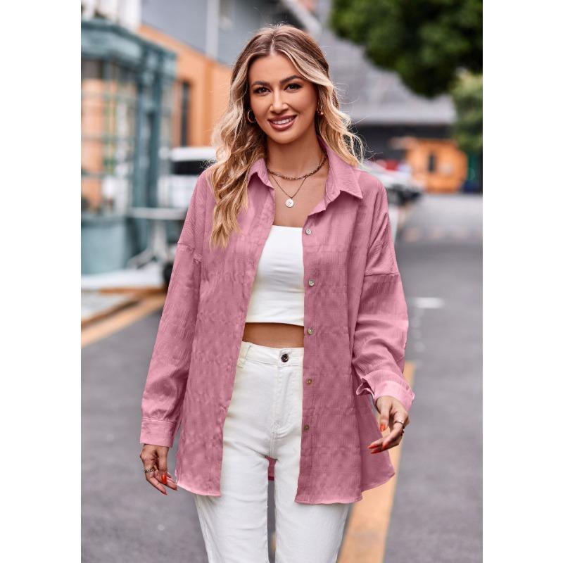 Spring and Autumn Women's Casual Fashion Bubble Check Loose Plaid Shirt Top