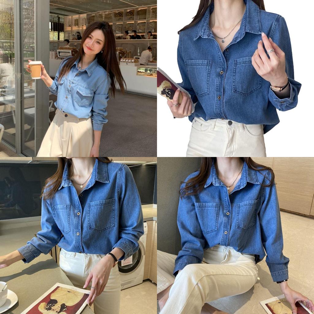 Retro Navy Denim Shirt For Women With Long Sleeves And Pockets For Casual Office Wear