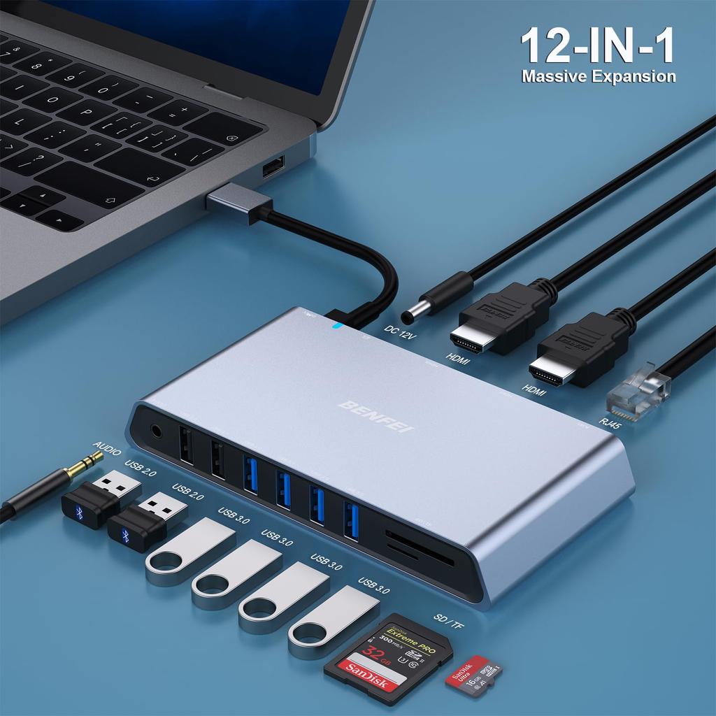 BENFEI USB Docking Station with Dual HDMI Card Gigabit Ethernet Female Headphone Jack Compatible with Windows and Mac 12-in-1 3.0 USB-C Display/6USB
