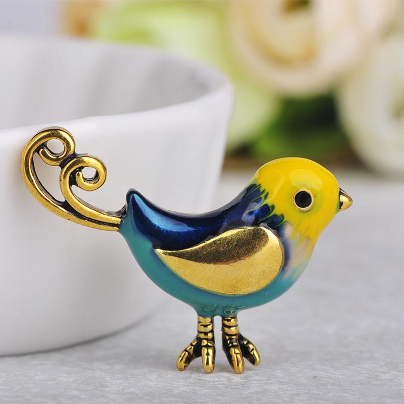 Blucome Fashion Cute Little Bird Shape Colorful Enamel Brooches Antique Silver Pins For Women Kids Scarf Suit Corsages Jewelry