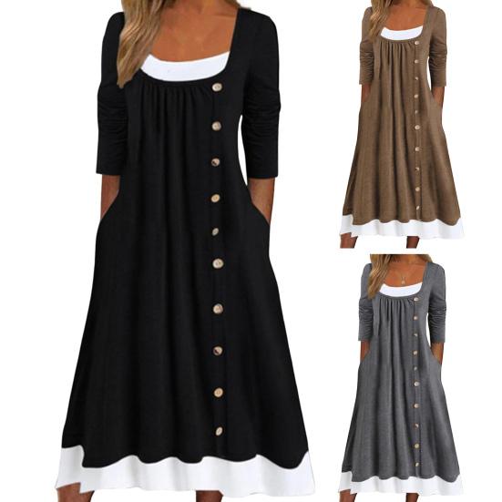 Женское осеннее платье, подходящее по цвету лоскутное платье из двух частей, плиссированное платье с пуговицами, трапециевидное платье с боковыми карманами и длинными рукавами, с круглым вырезом, миди-платье
