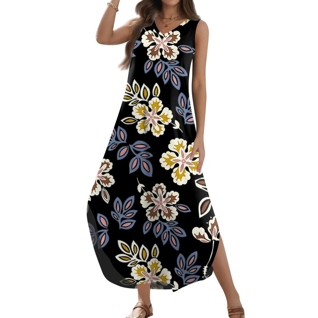 Женский 2024 летний повседневный свободный сарафан длинное платье с цветочным принтом без рукавов с v-образным вырезом и разрезом футболка платья макси