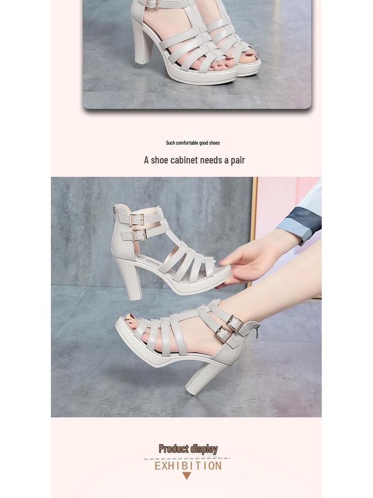Женские летние 2025 года сандалии на высоком каблуке в римском стиле, с открытым носком, на платформе, кожаные