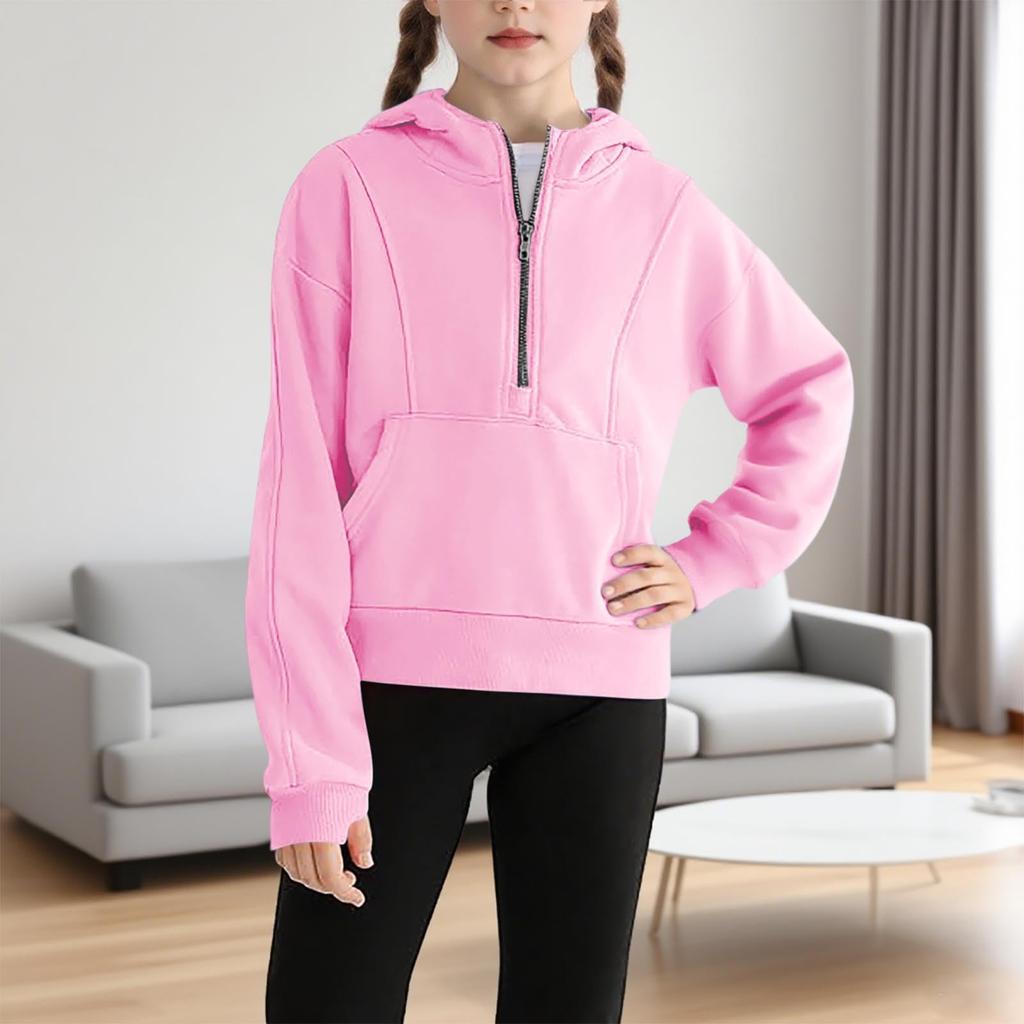 Children's Hooded Zipper Thickened Sweatshirt For Girls Solid Color Top