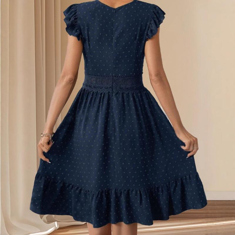 Кружевное кружевное пэчворк плиссированное V-образное декольте с небольшими рукавами-крылышками темпераментное элегантное платье