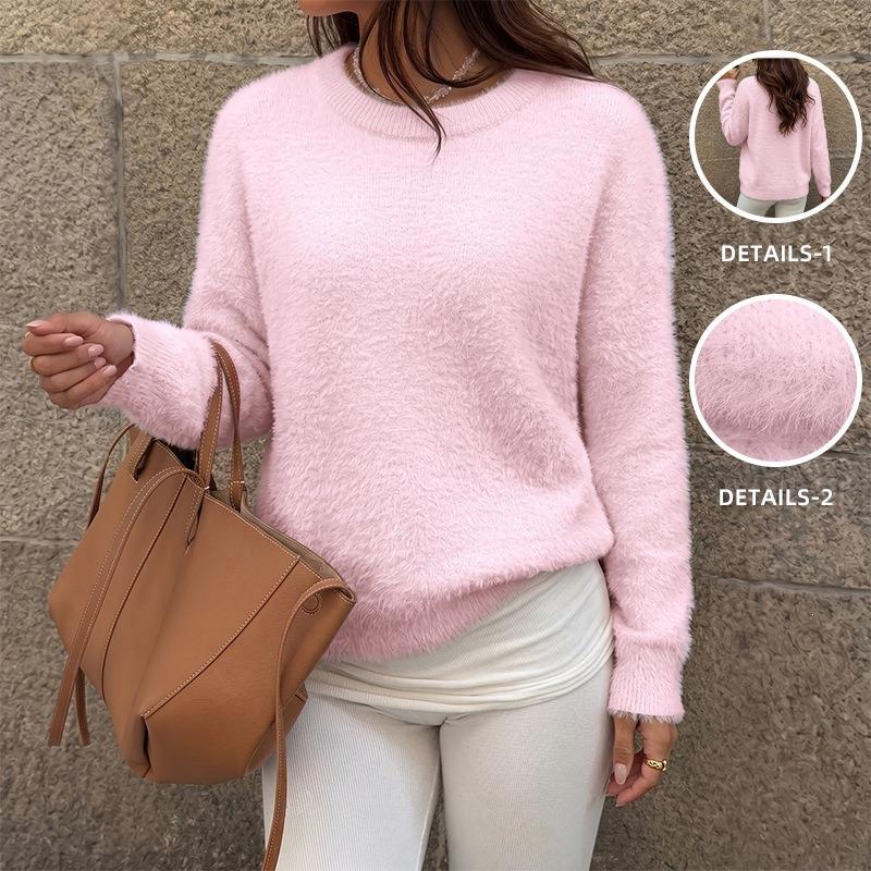 Women S Pink Faux Mink Round Neck Long Sleeve Loose Sweater
