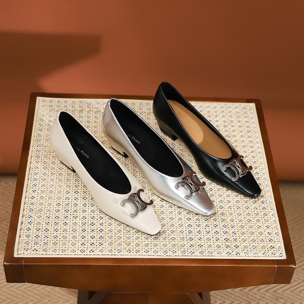 807-6 French Pointed Middle Heel Shoes Muse Temperament X Letter Buckle Thick Heel Shoes Black Work Shoes