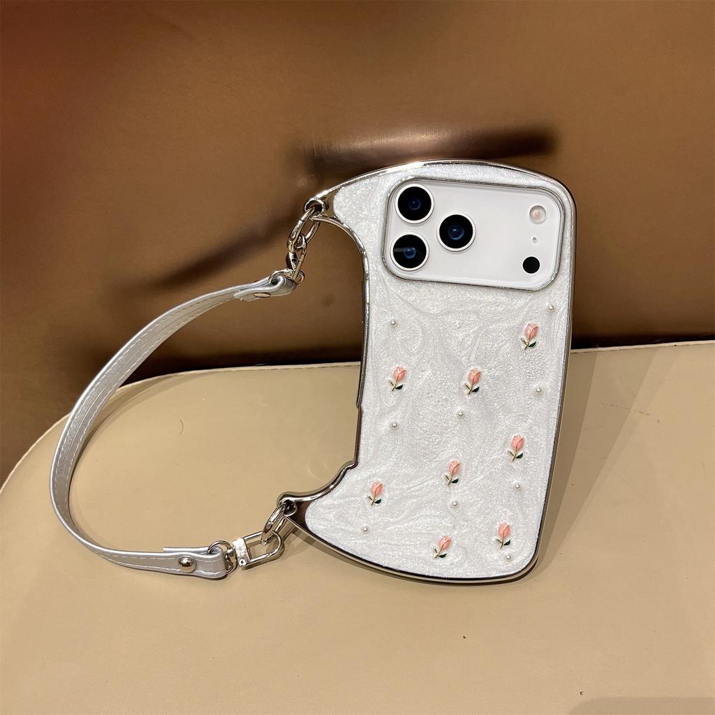 Elegant Pink Rose Pearl Shoulder Phone Case for iPhone 12-17 Series — Adjustable Strap, Mirror Metallic Frame