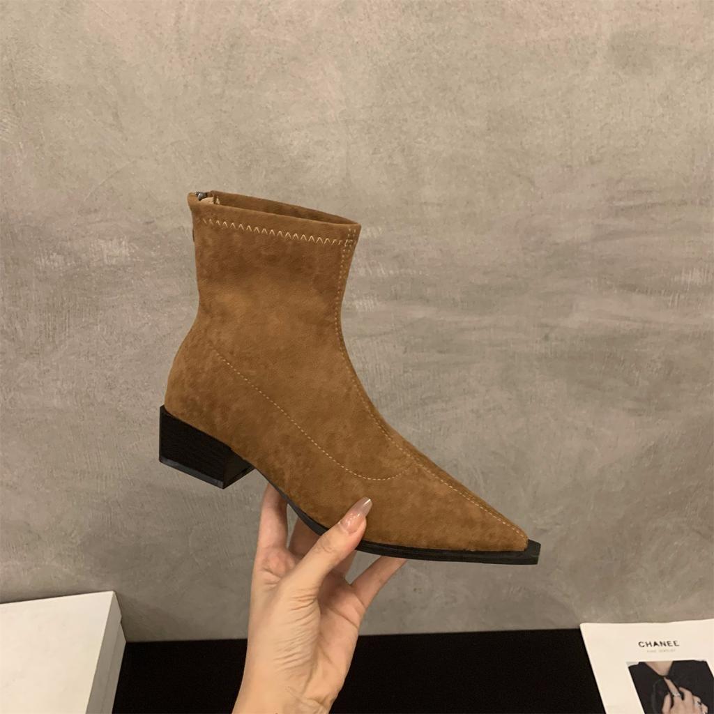Coarse Heel Pointed Leopard Print Suede French Small Ankle Boots Women's Shoes 2024 New Autumn and Winter Brown Thin Boots Short Boots