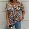 Summer Vintage V-neck 3D Printed Leopard Pattern Top Fashionable Casual Short Sleeved Women's T-shirts