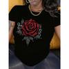 Женская черная футболка с коротким рукавом, европейский размер, с графическим принтом, украшенным красной розой из страз - Сверкающая, с круглым вырезом, повседневная