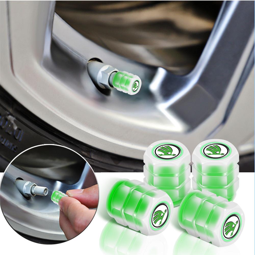 REOY4 4Pcs Car Luminous Styling Wheel Dust Covers Valve Stems Tire Valve Cap For Skoda Kodiaq Octavia Enyaq Kamiq Scala Rapid Superb A