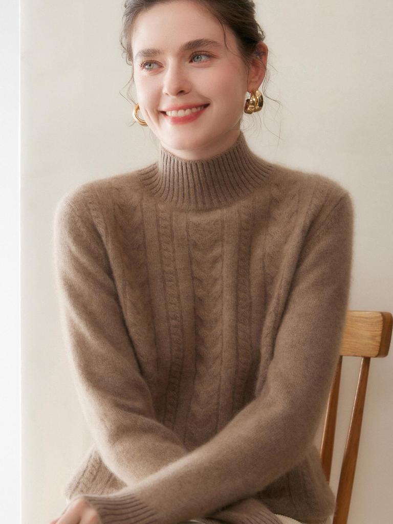 Women's Cashmere Cable Knit Semi-High Neck Sweater - Autumn/Winter Loose Fit Pullover