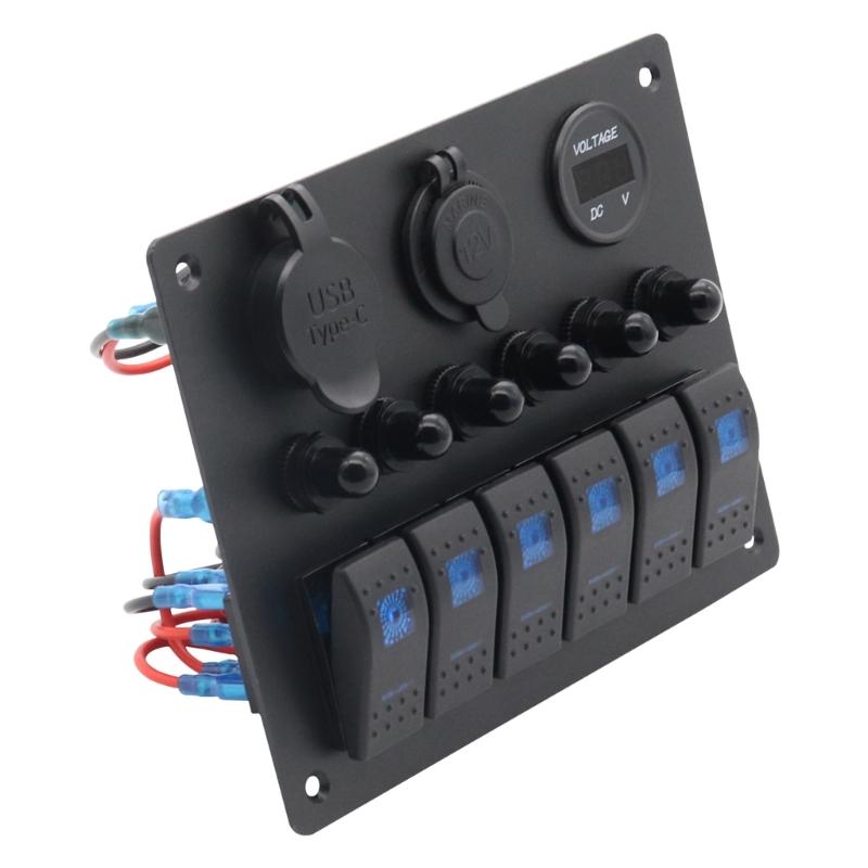 Professional 6 Buttons Switches Panel with Digital Voltmeter Tester & USB Charging Plastic Perfect for Marine Boat Truck