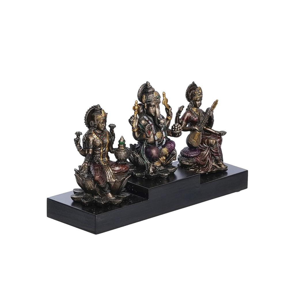 NEW Ganesha Laxmi Saraswari On Base Cold Cast Bronze Resin Decorative Figurine, Brown,