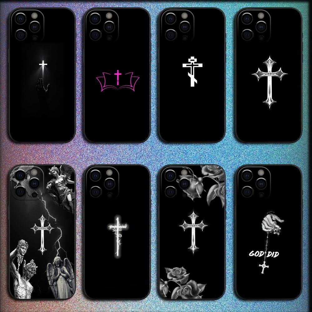 God Jesus Cross Phone Case For iPhone 16,15,14,13,12,11,Pro,X,XS,Max,XR,Plus,Mini Soft Black Cover