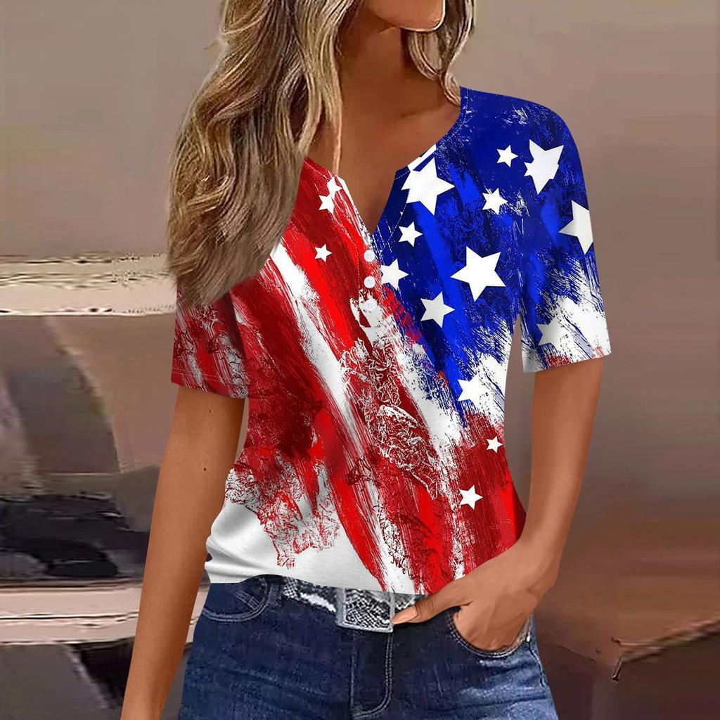 Жен. Футболка Футболка День независимости С принтом Пуговицы С короткими рукавами Повседневные Выходные Мода Классический Классический V-образный вырез Обычный Топ