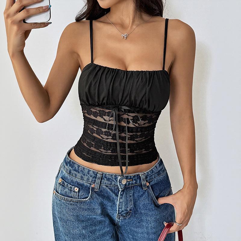 Women Sexy Square Neck Spaghetti Strap Lace Ruffle Hem Crop Tank Top Y2K Slim Fit Sleeveless Backless Bow Knot Crop Cami