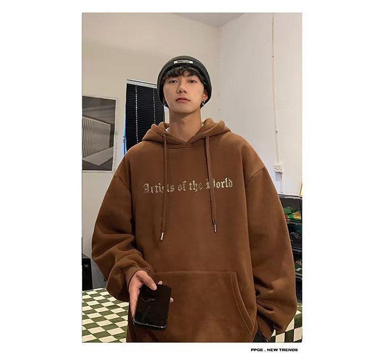 Men's Trendy American-Style Hooded Sweatshirt: Plus Velvet, Loose Fit, Casual Jacket for Teens - Ideal for Autumn and Winter.