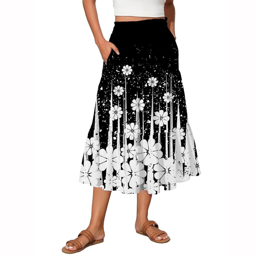 Women's Vintage Gradient Print Flowy Flared Ruffle A-Line Maxi Skirt