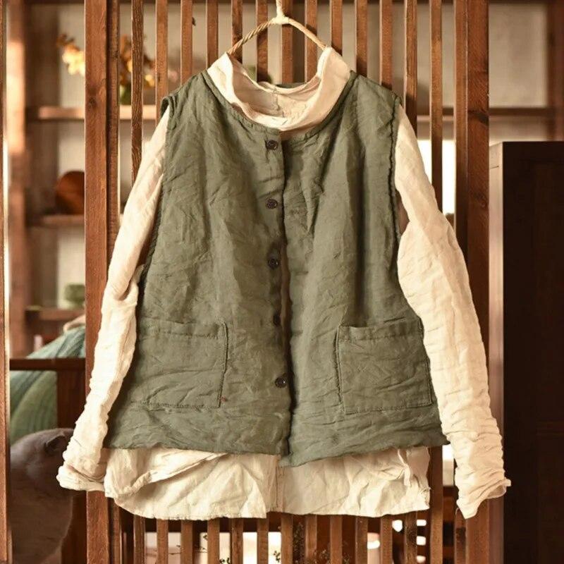 Johnature Women Vintage Button Vests Coats Plus Cotton Solid Color Clothes Spring O-Neck Women Vests Coats