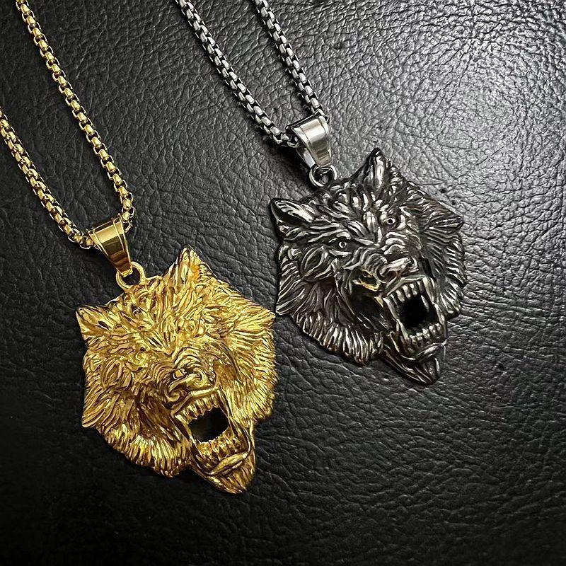 Stainless Steel Nordic Viking Wolf Head Titanium Steel Pendant Gold Plated Necklace
