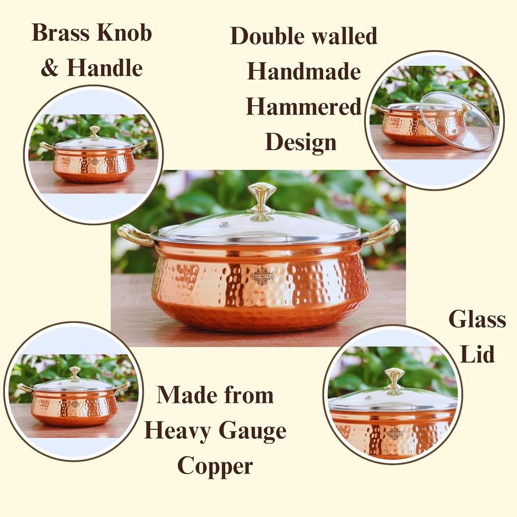 Steel Copper Hammered, Polished Design Handi/Bowl/Casserole with Toughened Glass Lid & Brass Knob & Handles, Volume-2200 Ml, Pack of 2