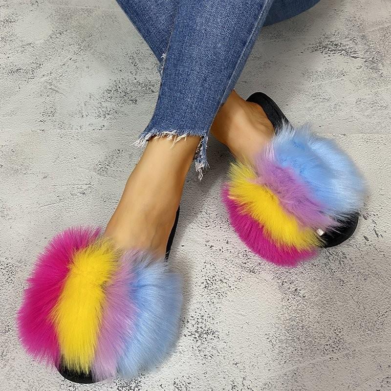 Women Faux Fur Slippers Trend Furry Fur Comfortable Slippers Plush Flats Sandals Casual Fluffy House Shoes Summer Slides Women